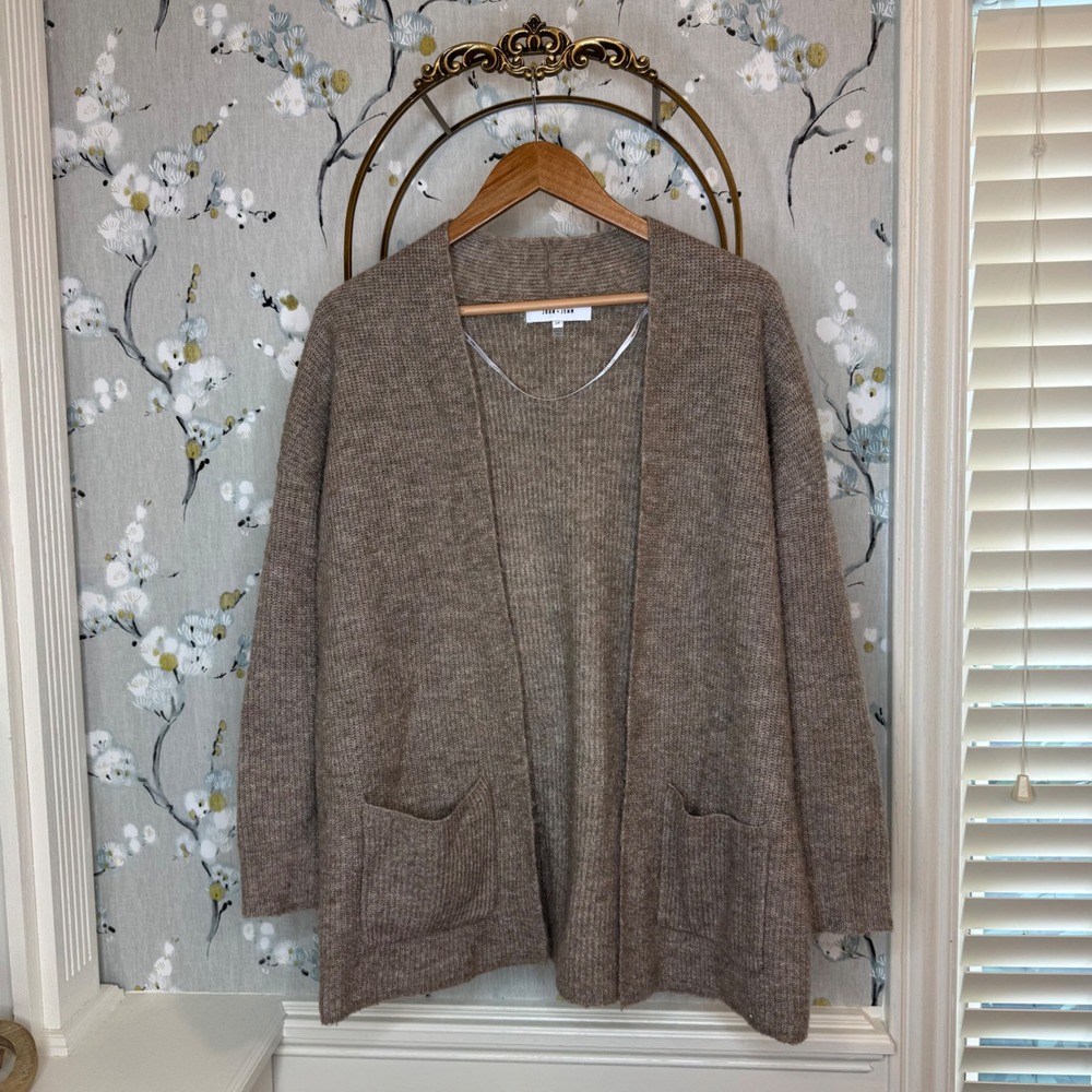 John + Jenn Womens Open Front Cardigan Taupe Brown Marl Knit Pocket Sweater S